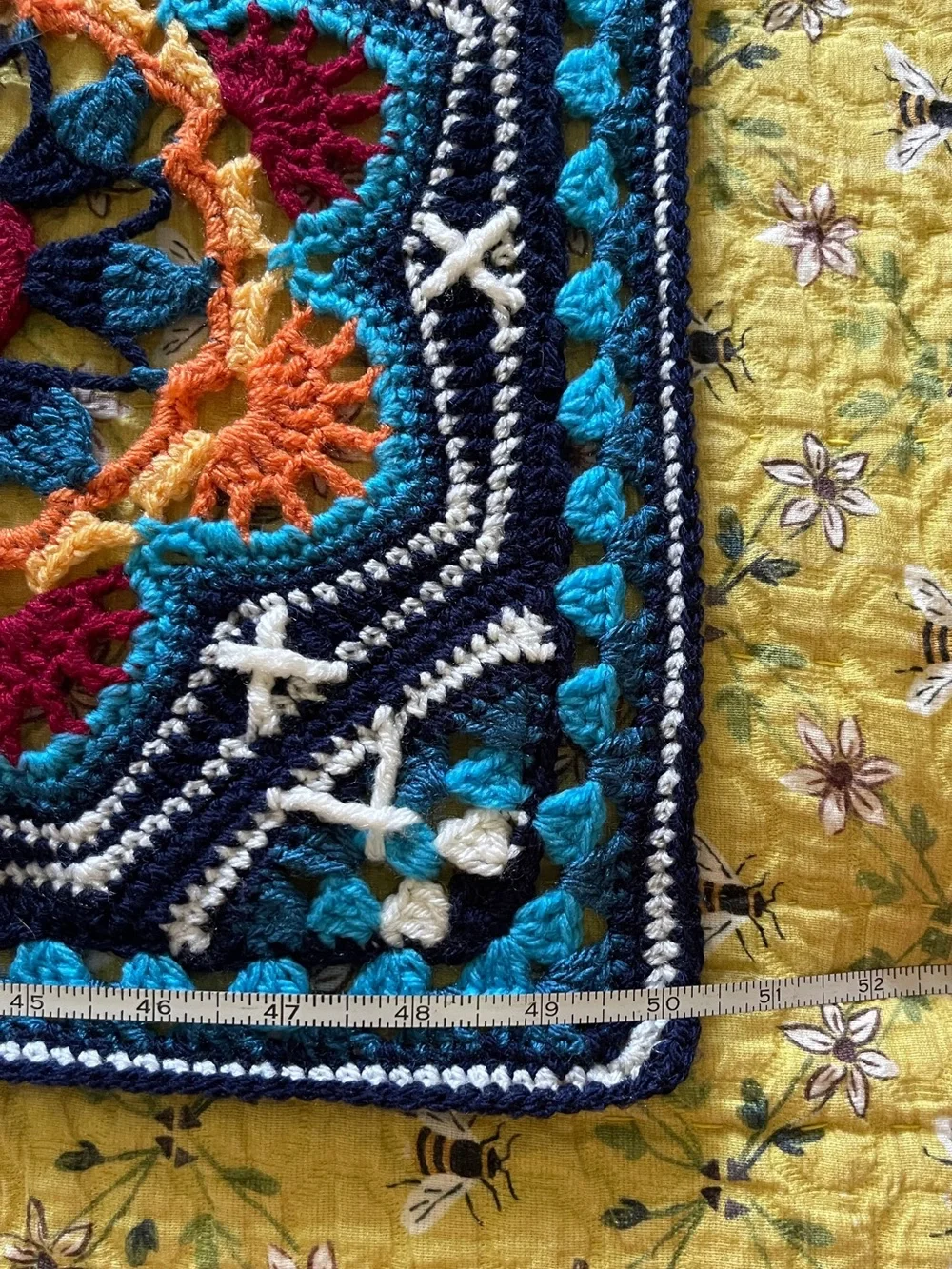 Crochet Throw Blanket, Blue & Orange, Persian Tile Style, Acrylic, 50” x 50”